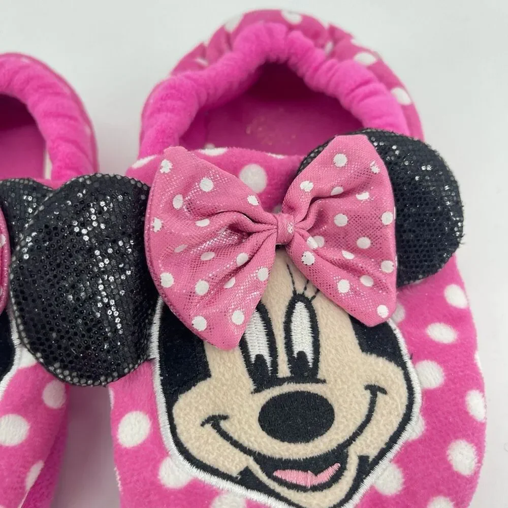 Disney Minnie Mouse Girls Pink Polka Dot Sequin Plush Slippers XL 11/12